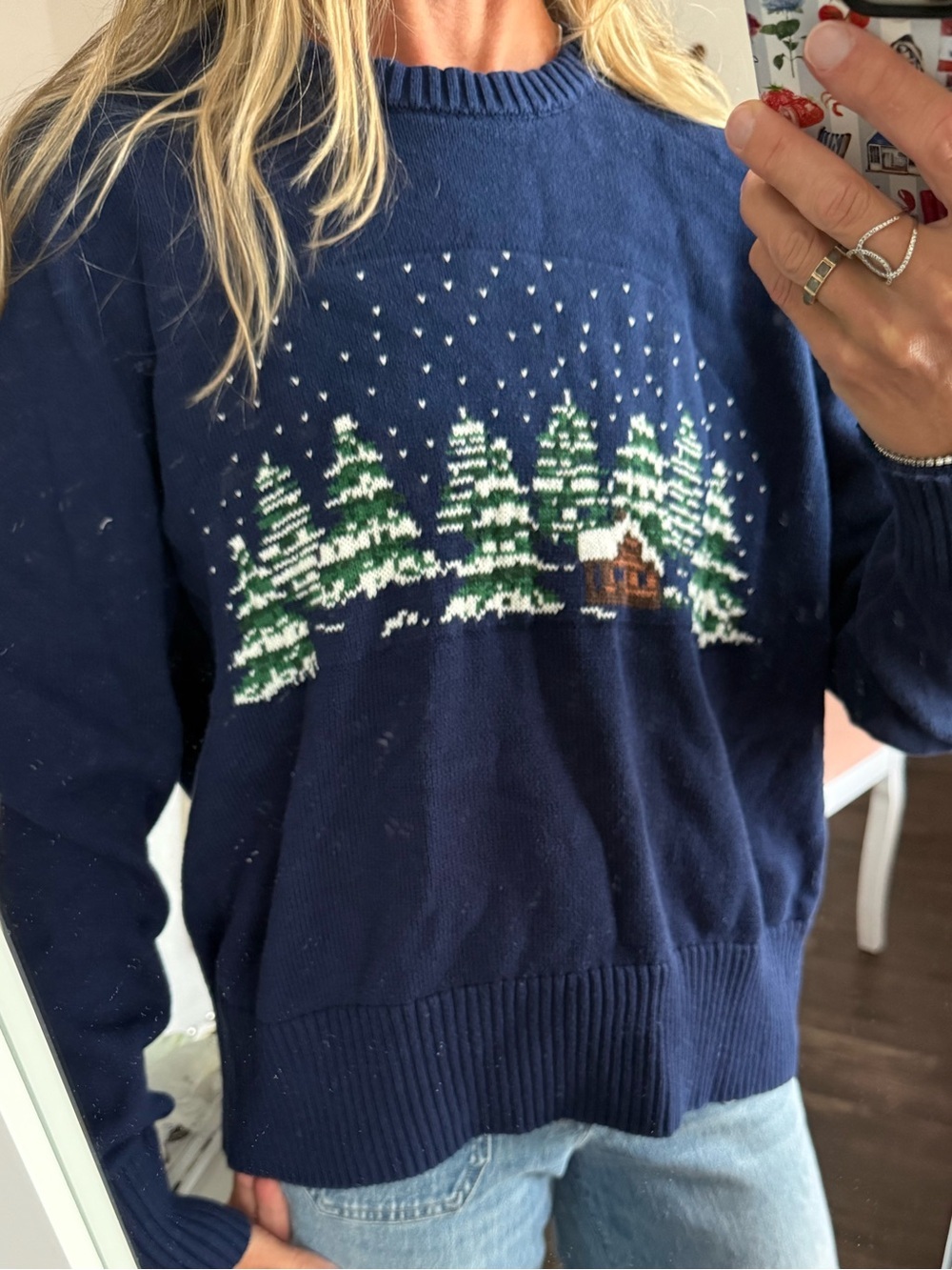 Lands’ End Winter Cabin Snow Scene Sweater | Navy Blue Cottagecore Cozy Knit | W